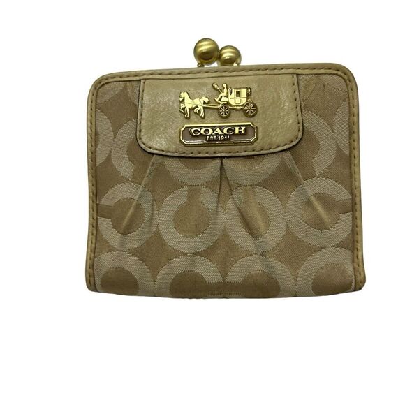 Coach Madison Signature Brown Canvas Kisslock Framed Credit Card Bifold Wallet - Picture 1 of 16